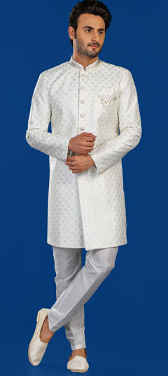 White and Off White color IndoWestern Dress in Brocade, Jacquard fabric with Broches, Weaving work