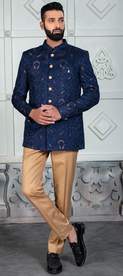 Blue color Jodhpuri Suit in Rayon fabric with Weaving work