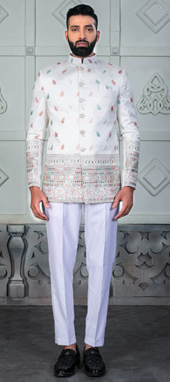 White and Off White color Jodhpuri Suit in Rayon fabric with Embroidered, Sequence work