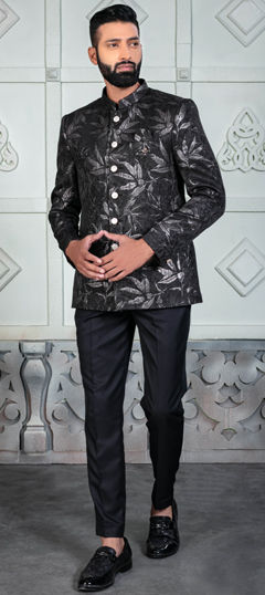 Black and Grey color Jodhpuri Suit in Rayon fabric with Weaving work