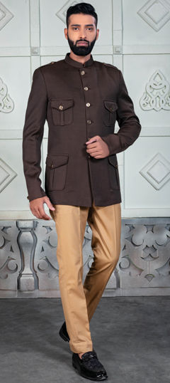 Beige and Brown color Jodhpuri Suit in Rayon fabric with Thread work