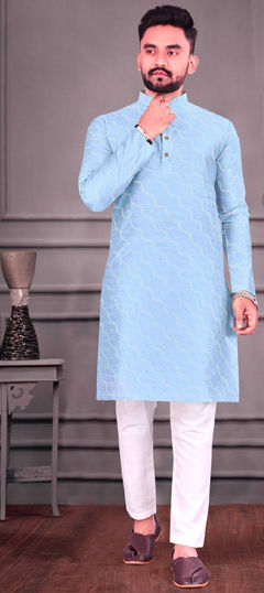 Blue color Kurta Pyjamas in Jacquard fabric with Weaving work