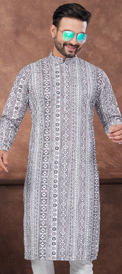 Purple and Violet color Kurta in Rayon fabric with Digital Print, Embroidered, Thread work