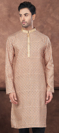 Beige and Brown color Kurta in Jacquard fabric with Digital Print, Embroidered, Thread work