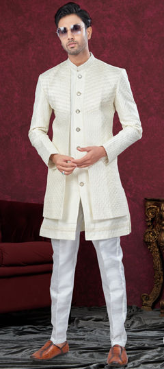 Beige and Brown color IndoWestern Dress in Silk fabric with Embroidered, Stone, Thread work