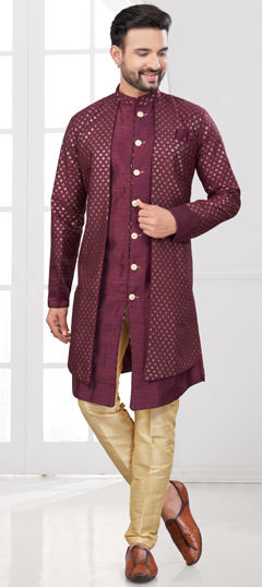 Beige and Brown color IndoWestern Dress in Banarasi Silk fabric with Embroidered, Thread work