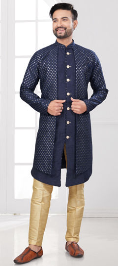 Blue color IndoWestern Dress in Banarasi Silk fabric with Embroidered, Thread work
