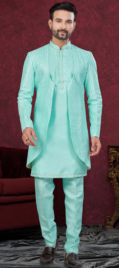 Green color IndoWestern Dress in Silk fabric with Embroidered, Stone, Thread work