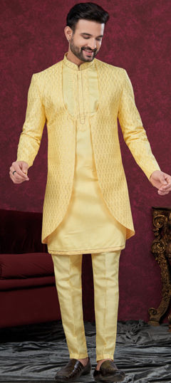 Yellow color IndoWestern Dress in Net fabric with Embroidered, Stone, Thread work