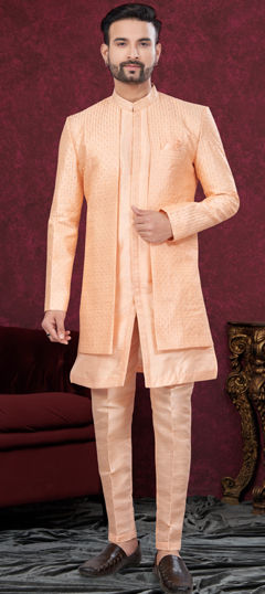 Pink and Majenta color IndoWestern Dress in Silk fabric with Embroidered, Stone, Thread work