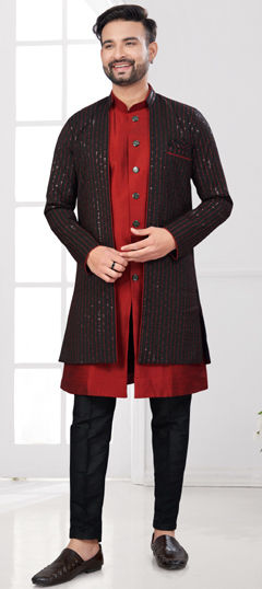 Black and Grey, Red and Maroon color IndoWestern Dress in Silk fabric with Embroidered, Stone, Thread work
