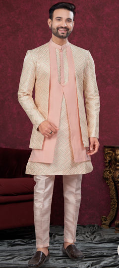 Pink and Majenta, White and Off White color IndoWestern Dress in Silk fabric with Embroidered, Thread, Zari work