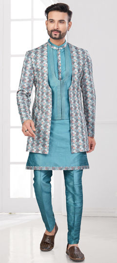 Blue color IndoWestern Dress in Banarasi Silk fabric with Digital Print, Embroidered, Stone, Thread, Zari work