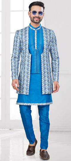 Blue color IndoWestern Dress in Banarasi Silk fabric with Digital Print, Embroidered, Stone, Thread, Zari work