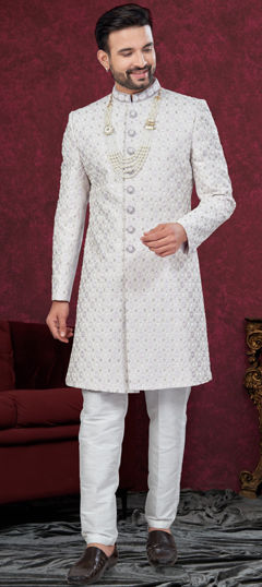 Black and Grey, White and Off White color Sherwani in Jacquard fabric with Bugle Beads, Cut Dana, Stone work