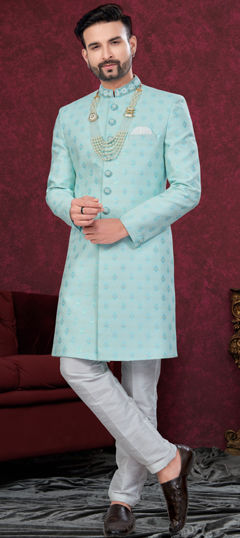 Green color Sherwani in Jacquard fabric with Bugle Beads, Cut Dana, Sequence, Thread work