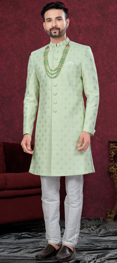 Green color Sherwani in Jacquard fabric with Bugle Beads, Cut Dana, Sequence, Thread work