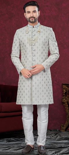 Black and Grey, White and Off White color Sherwani in Jacquard fabric with Bugle Beads, Cut Dana, Stone work