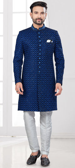 Black and Grey, Blue color Sherwani in Velvet fabric with Embroidered, Sequence, Thread work