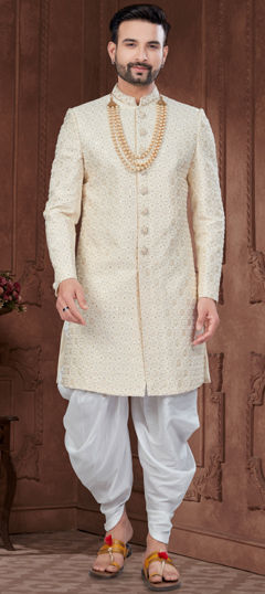 Party Wear, Wedding White and Off White color Dhoti Sherwani in Jacquard fabric with Bugle Beads, Cut Dana, Stone work : 1970820