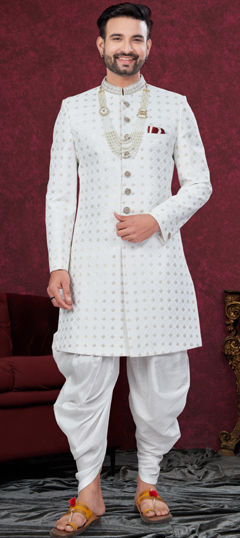 Party Wear, Wedding White and Off White color Dhoti Sherwani in Silk fabric with Embroidered, Sequence, Thread work : 1970821