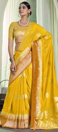 Yellow color Saree in Chiffon fabric with Weaving work