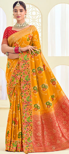 Yellow color Saree in Silk fabric with Embroidered, Stone, Thread, Weaving work