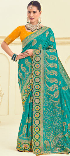 Blue color Saree in Silk fabric with Embroidered, Stone, Thread, Weaving work