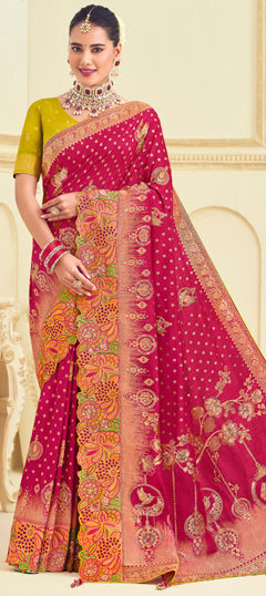 Pink and Majenta color Saree in Silk fabric with Embroidered, Stone, Thread, Weaving work