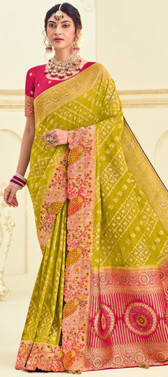 Green color Saree in Silk fabric with Embroidered, Stone, Thread, Weaving work