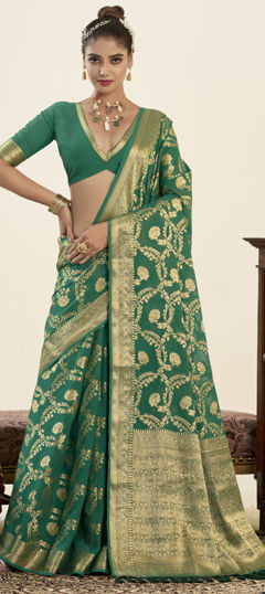 Green color Saree in Georgette fabric with Weaving, Zari work