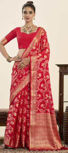 Red and Maroon color Saree in Georgette fabric with Weaving, Zari work