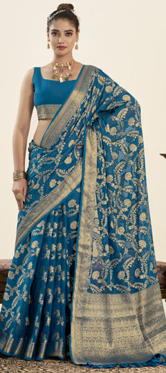 Blue color Saree in Georgette fabric with Weaving, Zari work