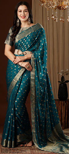 Festive, Reception, Wedding Blue color Saree in Chiffon fabric with Classic Weaving, Zari work : 1970876