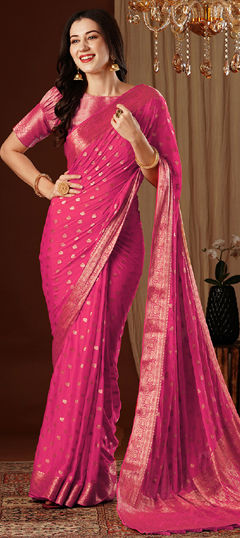 Festive, Reception, Wedding Pink and Majenta color Saree in Chiffon fabric with Classic Weaving, Zari work : 1970877