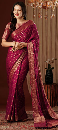 Festive, Reception, Wedding Red and Maroon color Saree in Chiffon fabric with Classic Weaving, Zari work : 1970878