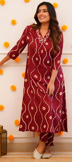 Red and Maroon color Salwar Kameez in Rayon fabric with Printed, Zardozi work