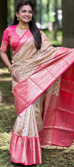 Beige and Brown color Saree in Tussar Silk fabric with Weaving, Zari work