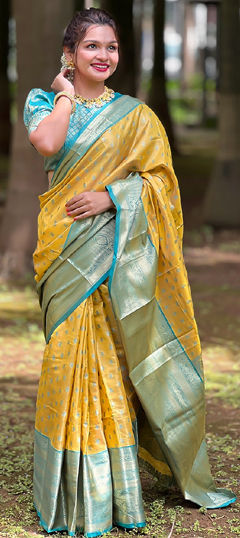 Yellow color Saree in Tissue fabric with Weaving, Zari work