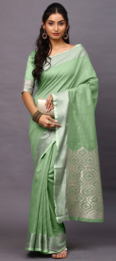 Festive, Traditional Green color Saree in Blended, Linen fabric with South Weaving work : 1970962