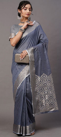 Festive, Traditional Black and Grey color Saree in Blended, Linen fabric with South Weaving work : 1970963