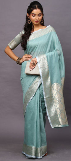 Festive, Traditional Green color Saree in Blended, Linen fabric with South Weaving work : 1970964