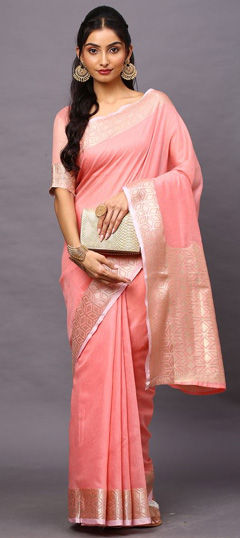 Festive, Traditional Pink and Majenta color Saree in Blended, Linen fabric with South Weaving work : 1970965