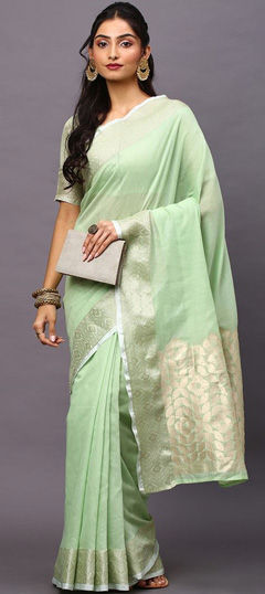 Green color Saree in Blended, Linen fabric with Weaving work