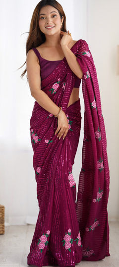 Purple and Violet color Saree in Georgette fabric with Embroidered, Sequence, Thread work