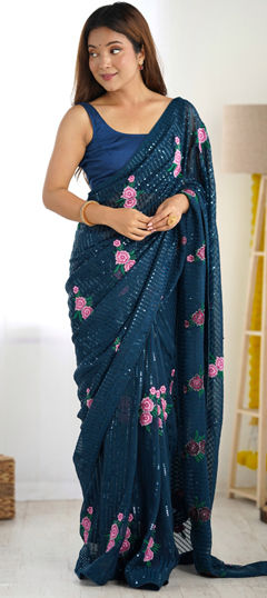 Blue color Saree in Georgette fabric with Embroidered, Sequence, Thread work