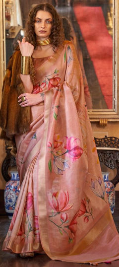 Pink and Majenta color Saree in Organza Silk fabric with Digital Print, Floral, Weaving work