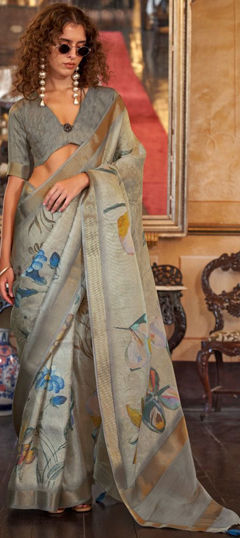 Black and Grey color Saree in Organza Silk fabric with Digital Print, Floral, Weaving work