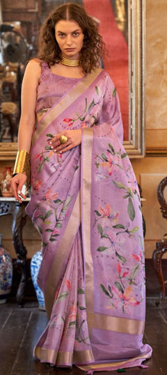 Purple and Violet color Saree in Organza Silk fabric with Digital Print, Floral, Weaving work