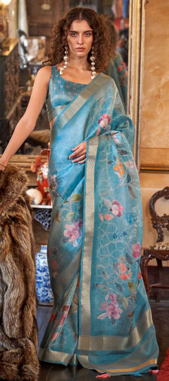 Blue color Saree in Organza Silk fabric with Digital Print, Floral, Weaving work